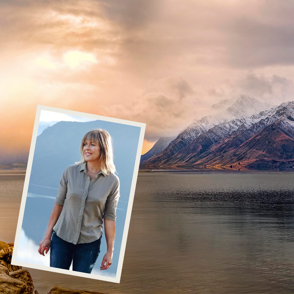 Lake Wanaka with orange skies and a picture of Annabel Langbein overlaid