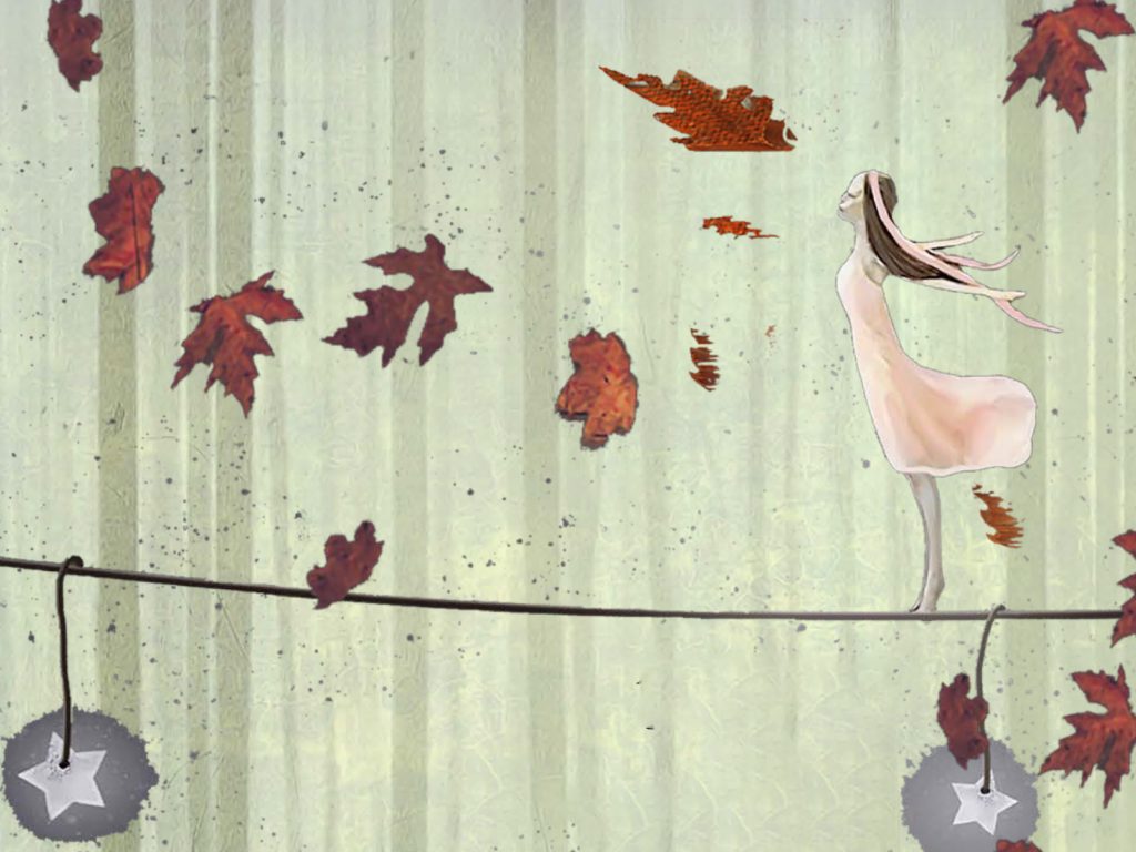 Illustration of a girl walking a tightrope in a forest 