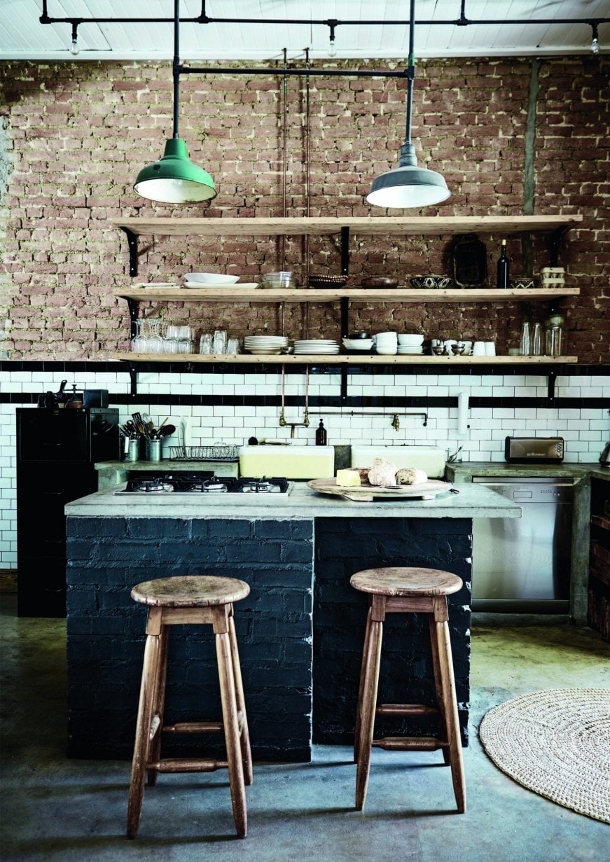 Industrial style kitchen with open shelves wooden shelves and black kitchen island