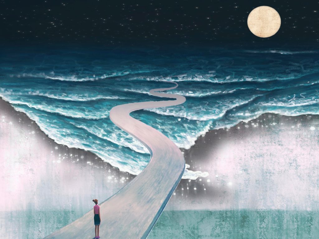 Illustration of a woman walking on a path into the ocean while the moon shines at night sky