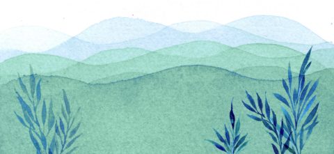 Water colour of hills and seaweed