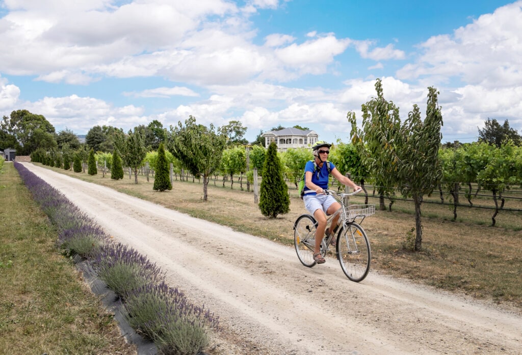 Woman riding on bikes in vineyards