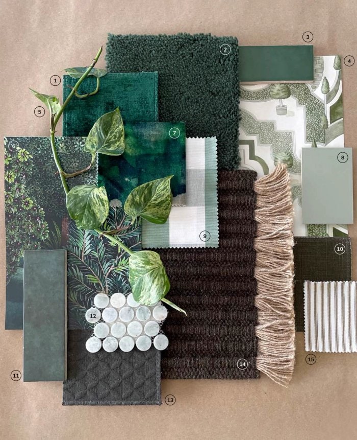 Collage of home fabrics and tiles, carpets all in green