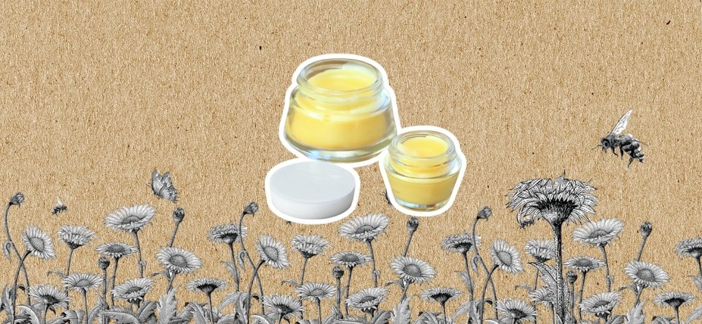 Beeswax lip balm on brown paper background with sketched flowers and bees