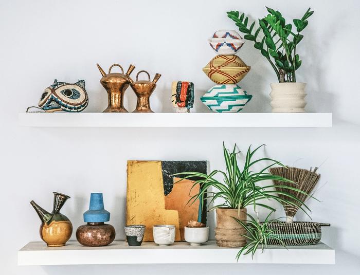 plants and various artefacts displayed on white shelving