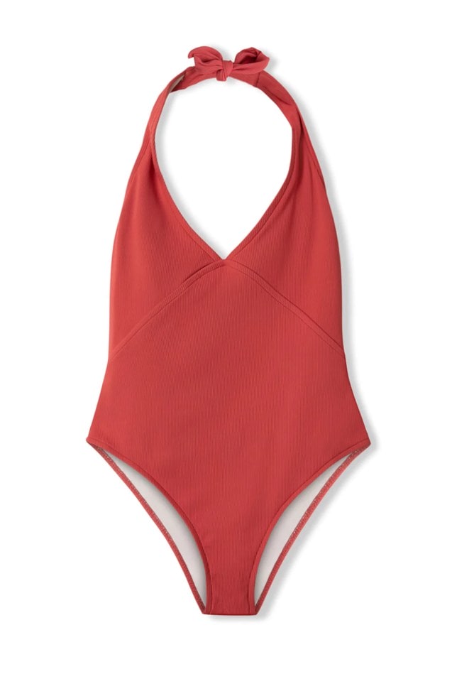Red halter neck one piece swimsuit from Zulu and Zephyr. 