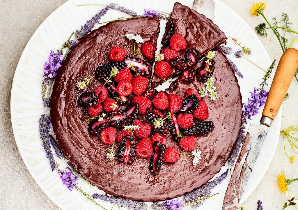 Chocolate cake with berries on top