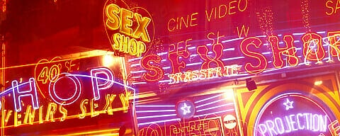 Neon lights at the red light district of Paris, France.