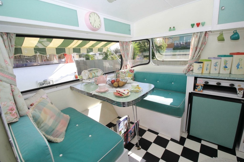 Mind green interior of a 1970 retro caravan