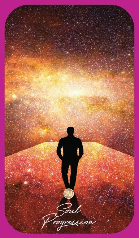 Pink tarrot card with the word Soul Progression on it and a person walking into the galaxy