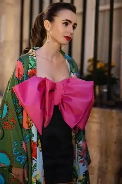 Emily in Paris pink bow and kimono outfit