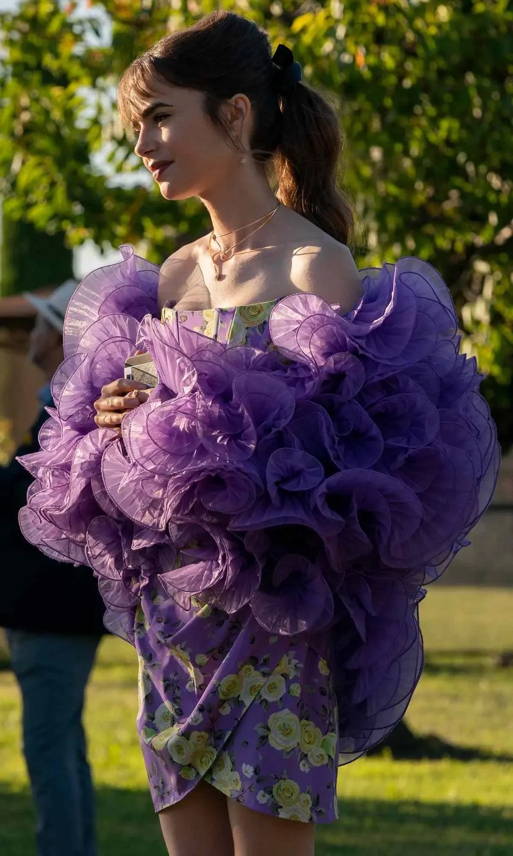 Emily in Paris lavender frill outfit