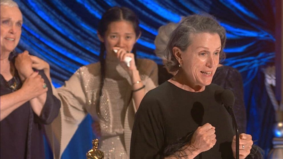 Frances McDormand giving the acceptance speech for Best Picture at the 93rd Academy Awards