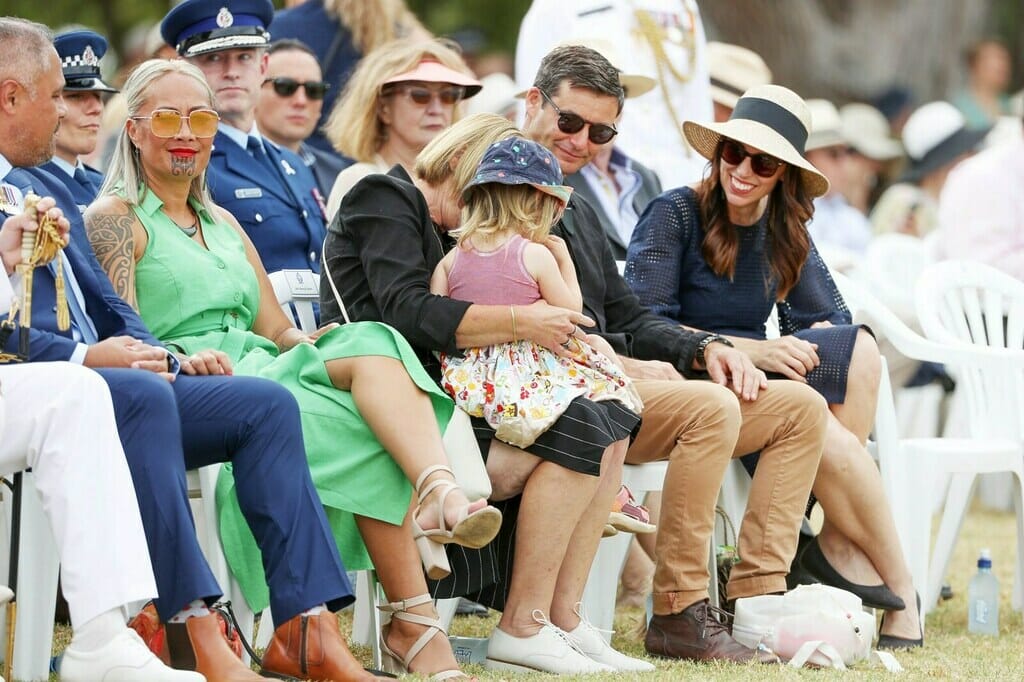 Jacinda Ardern and her partner Clarke with Neve at this year’s Waitangi Day celebrations. Neve entertained by Jacinda and Northland MP Willow-Jean Prime as they visit Māori wardens at the Bay of Islands Holiday Park before Waitangi Day.
