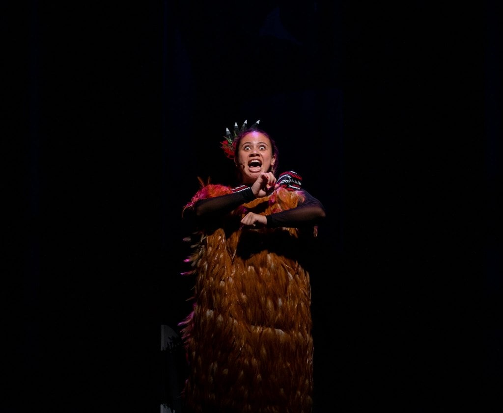 Cast member of Kōpū, Ngākirikiri Kershaw, performing at Te Pou Theatre in Auckland.