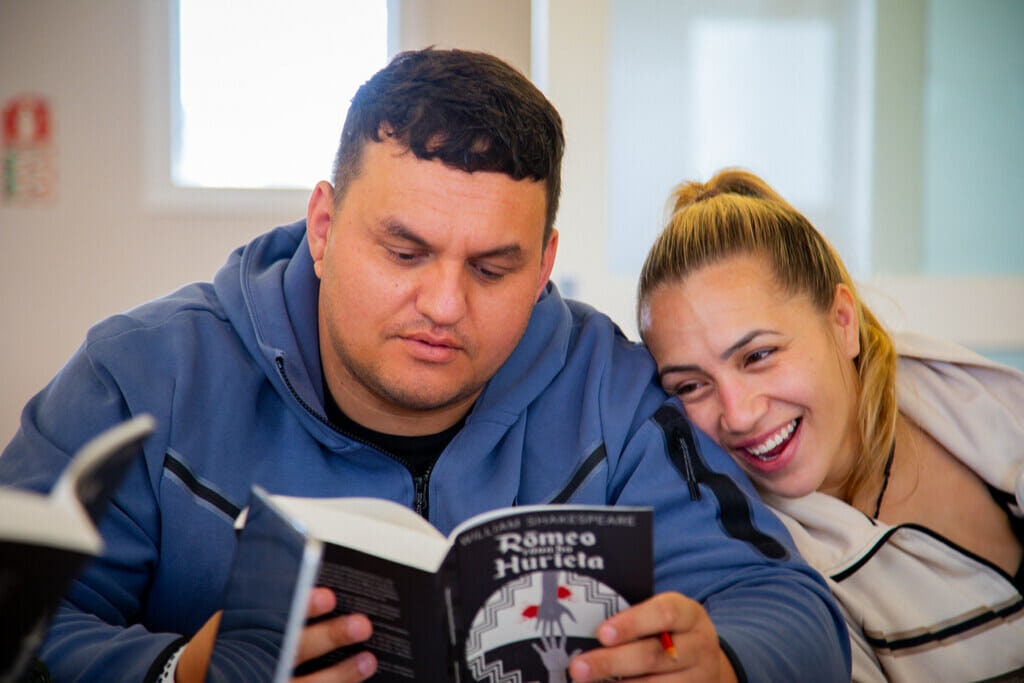 Te Rauhiringa Brown with partner Mauri Oho Stokes, during the rehearsals of  Rōmeo rāua ko Hurieta.