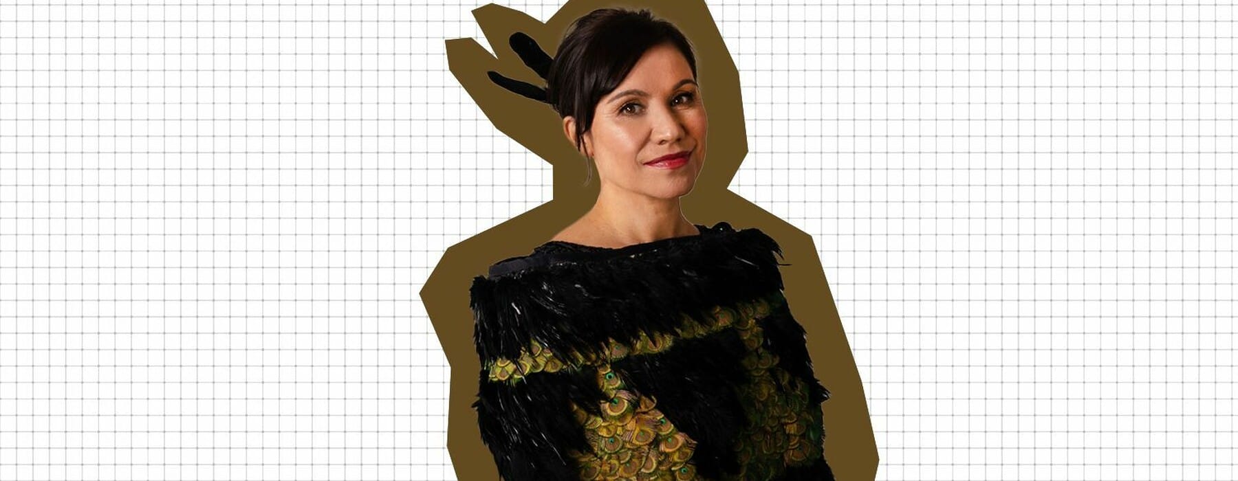 Stacey Morrison wearing korowai on a lined background