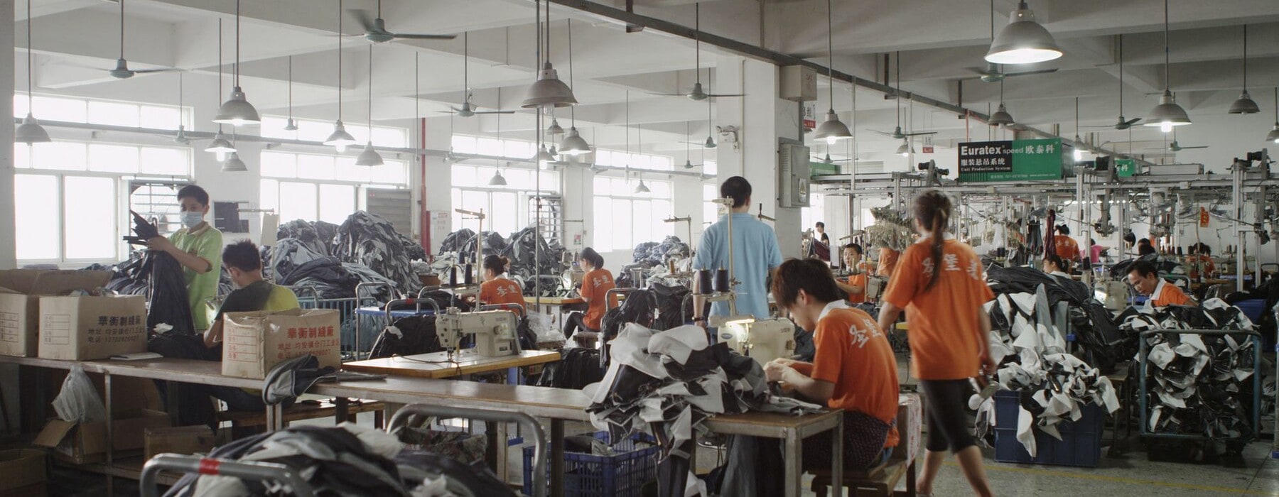 Workers sewing clothes in a factory