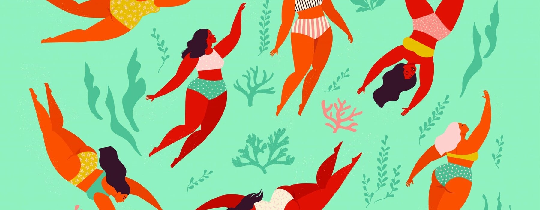 Illustration of women swimming in ocean surrounded by seaweed