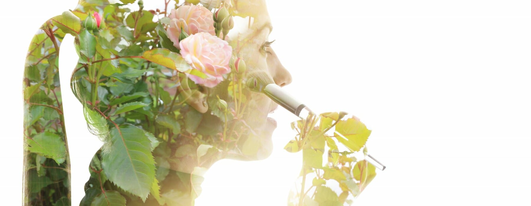 Multiple exposure of a young woman applying make up and morphing into rose bush