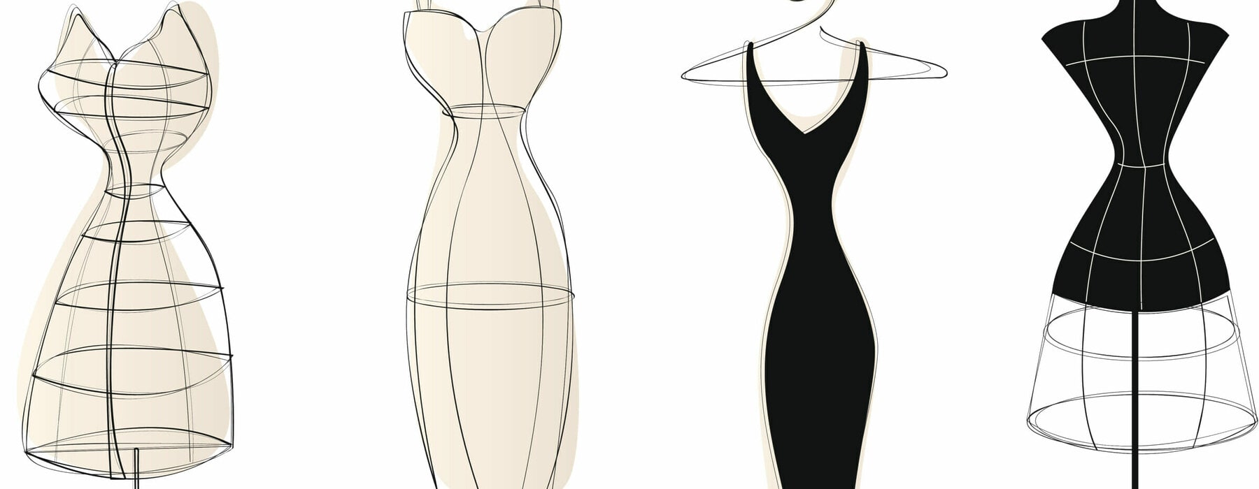 3 vintage-style dress forms and an elegant dress on a hanger.