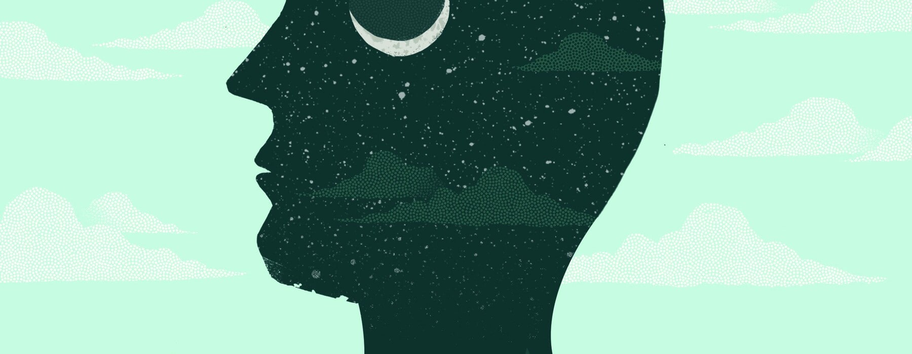Illustration of man's head outline with night skies and moon behind him