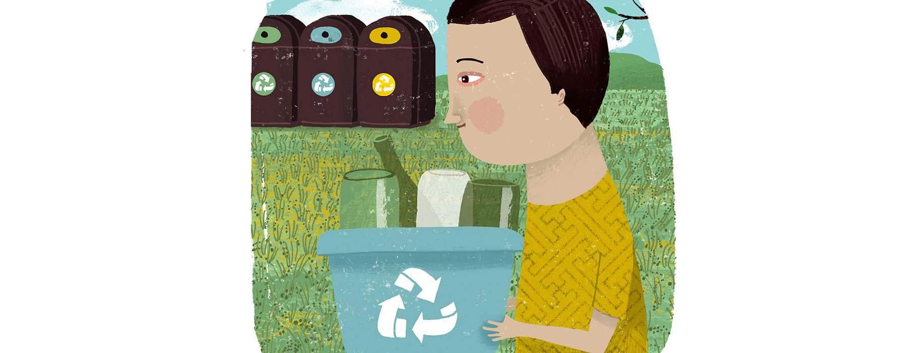 Illustration of recycling being taken out to bins by person