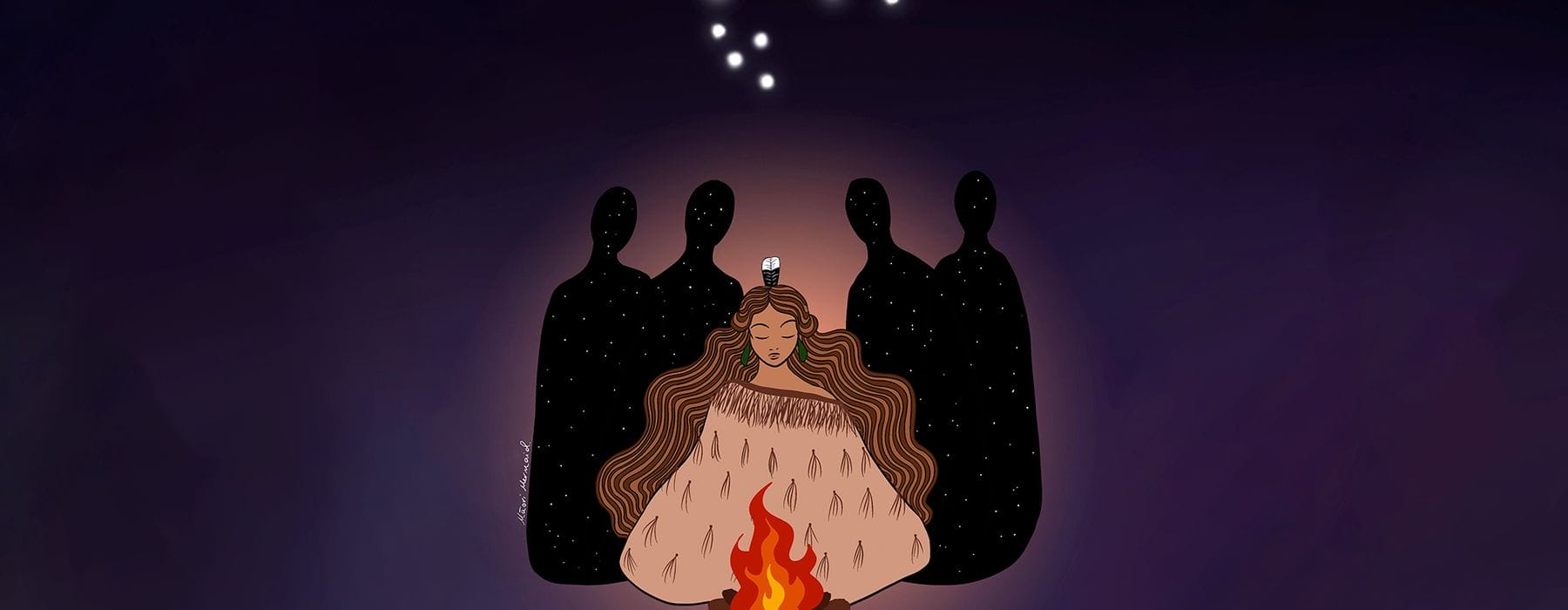 An illustration by Māori Mermaid of a Māori wearing a brown korowai and sitting in front of a fire and Matariki stars in the sky