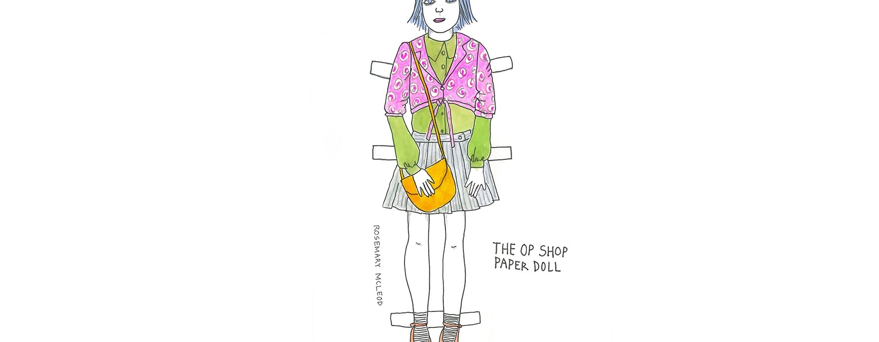 Illustration of a girl wearing assorted fashion with the caption The Op Shop Paper Doll next to it