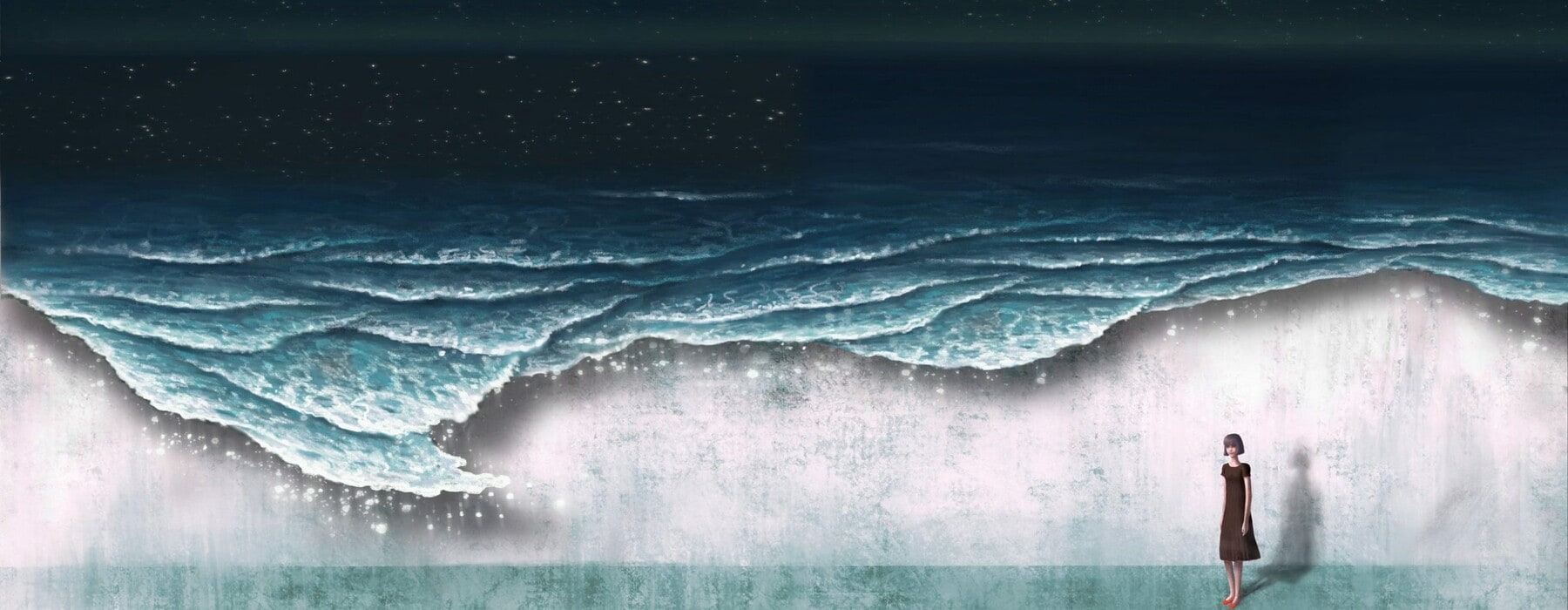 An illustrator of woman walking along a beach with waves coming to shore and stars in the night sky