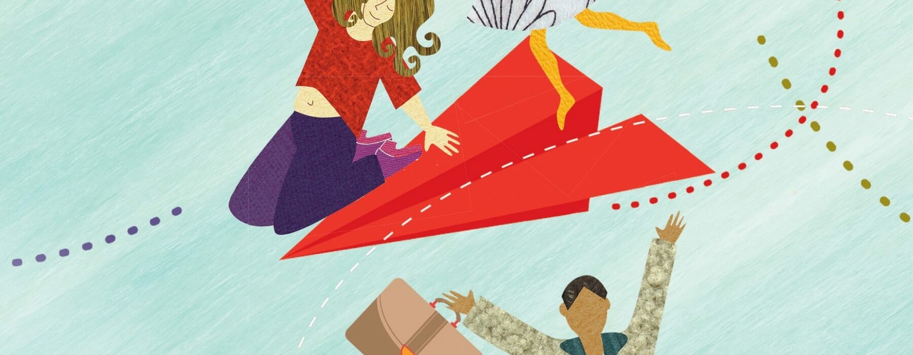 Illustration of women jumping into the air and sitting on a red paper plane