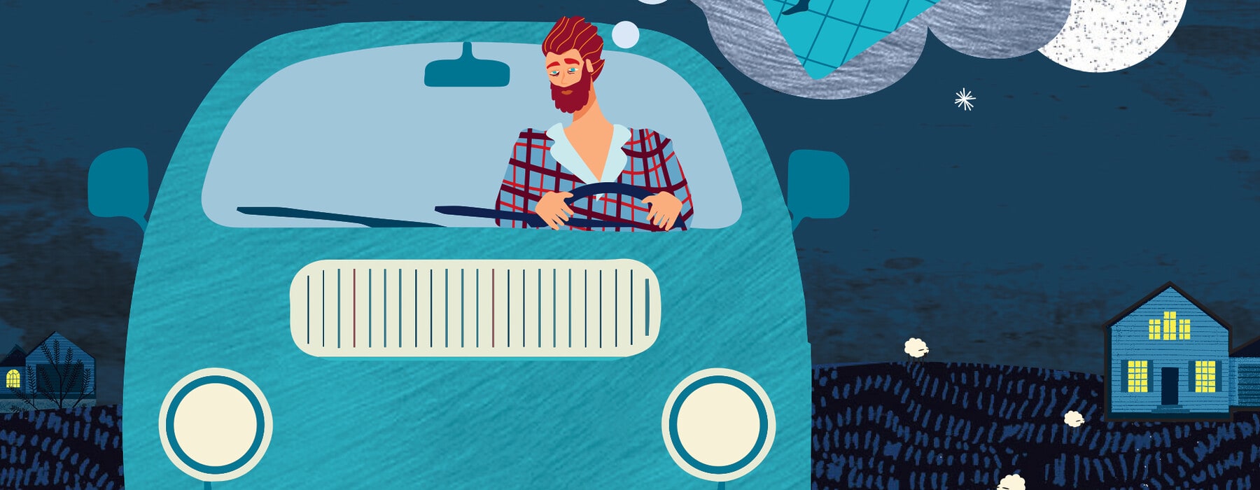 Illustration of man driving at night while distracted due to lack of sleep