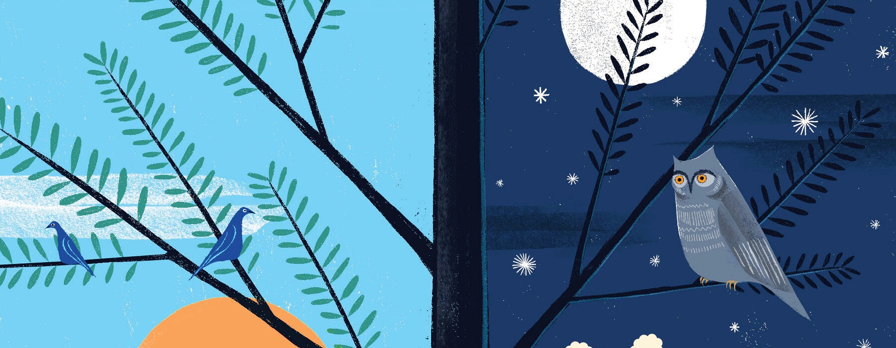 Illustration of a morning lark in the sun and a night owl at night