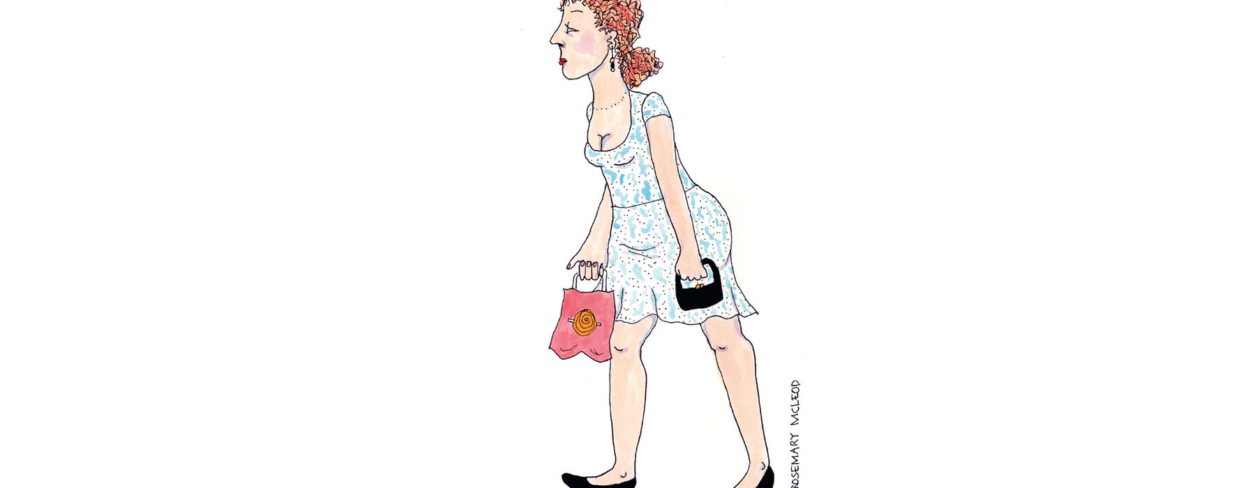 Illustration by Rosemary McLeod of woman walking in high heels