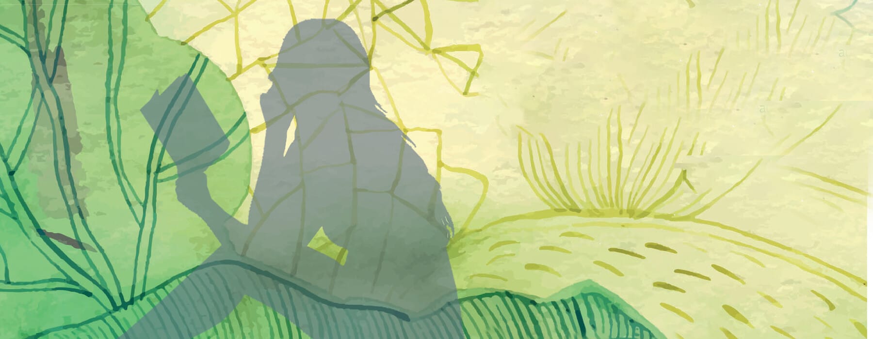 Illustration of outline of woman reading on green background