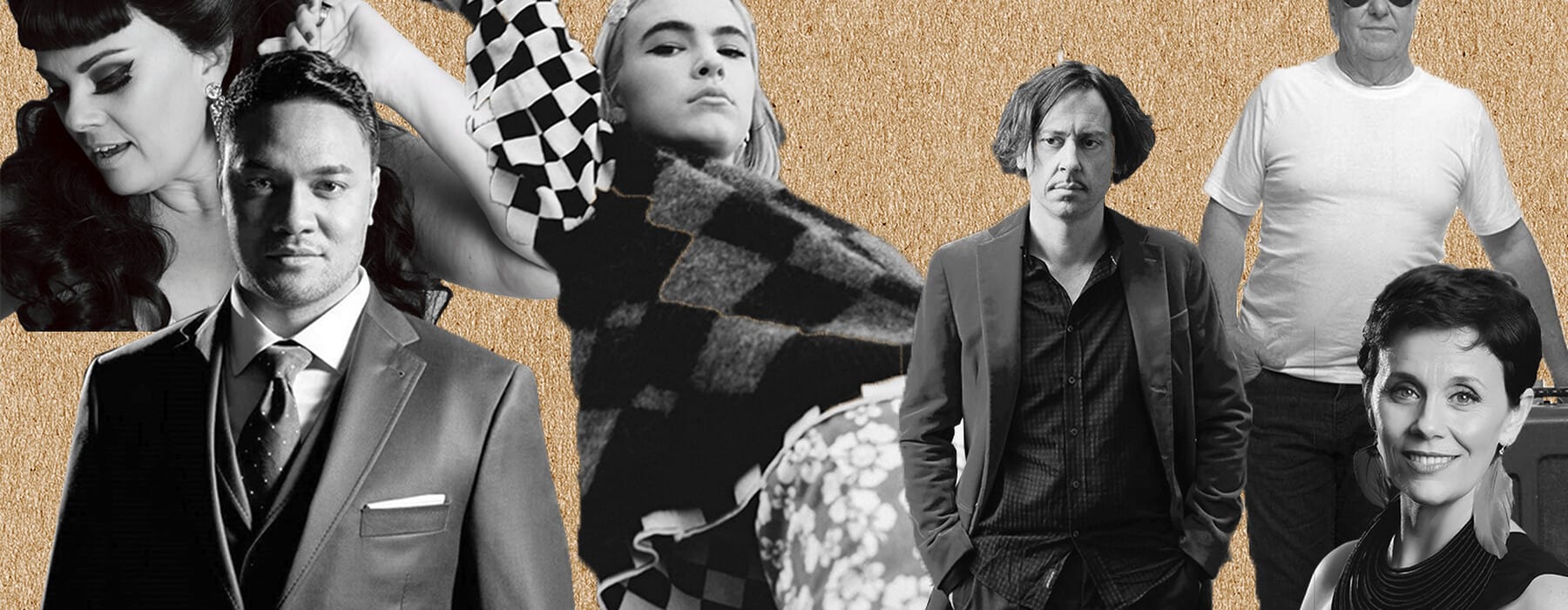 Benne, Hamish McKeich, Amitai Pati, Midge Marsden, Hinewehi Mohi, Tami Neilson black and white on paper background