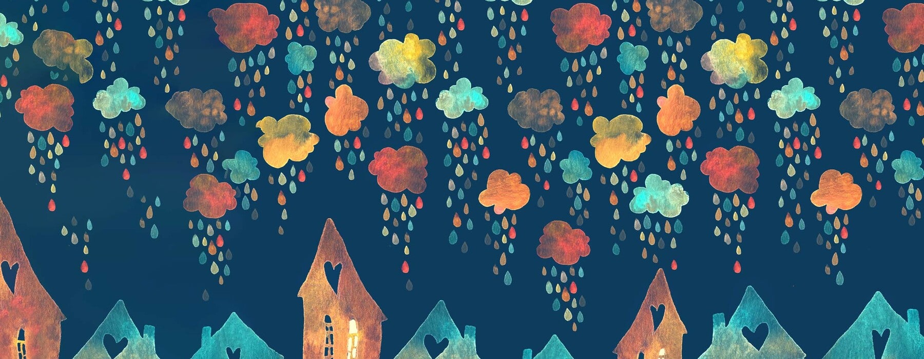 illustration of rain clouds pouring on a group of houses