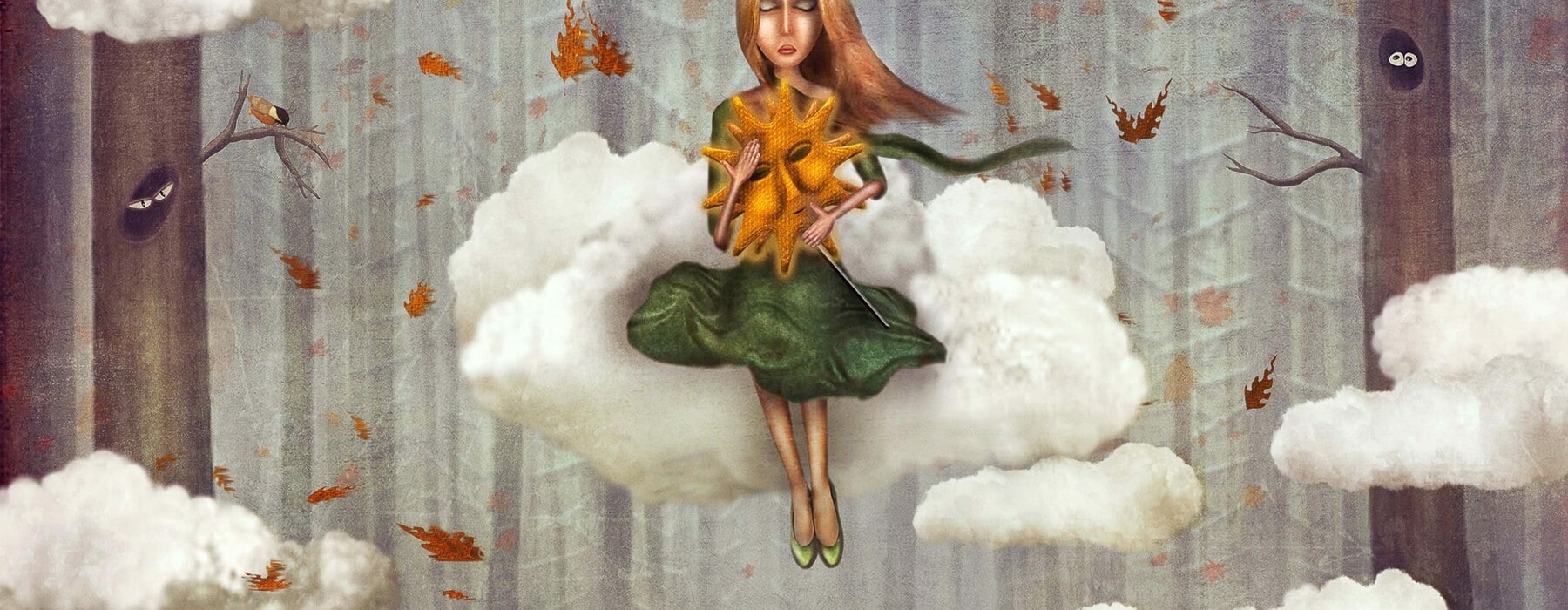 illustration of a woman floating on a cloud holding a sun