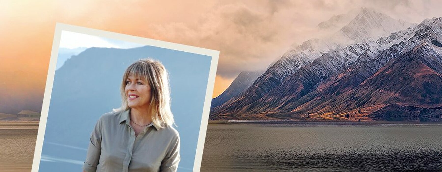 Lake Wanaka with orange skies and a picture of Annabel Langbein overlaid