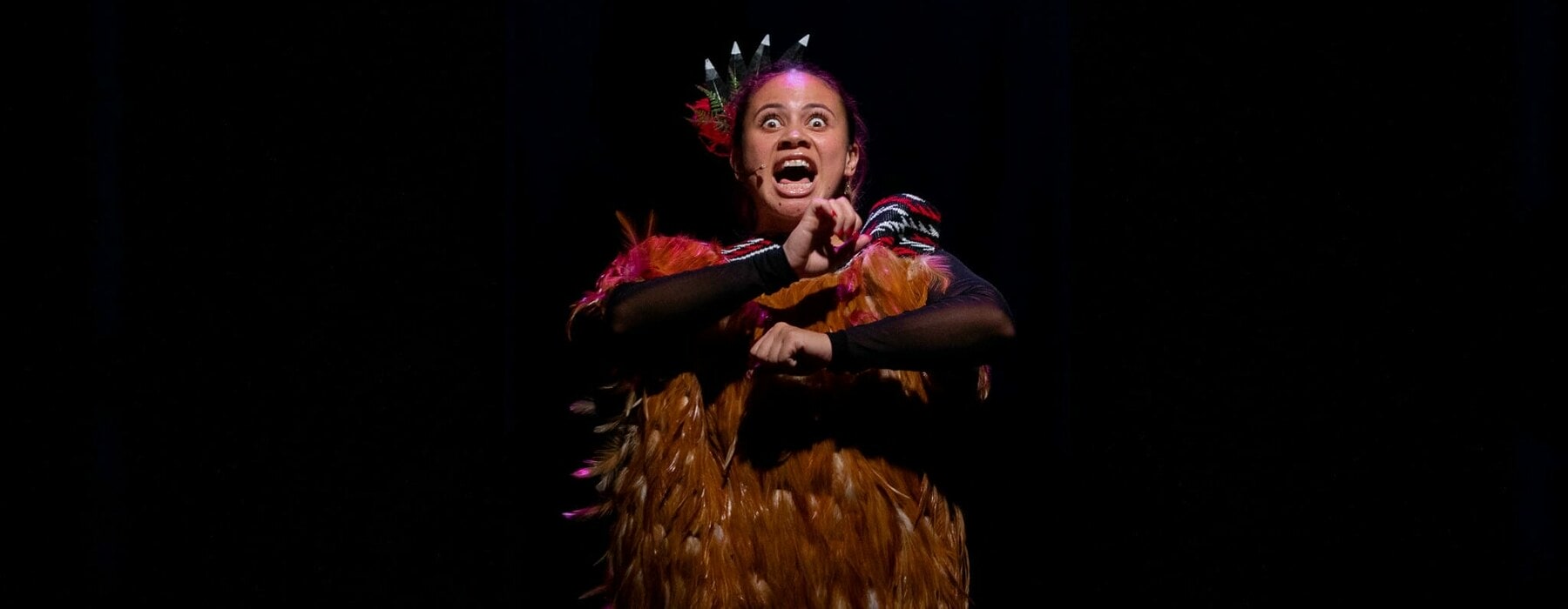 Cast member of Kōpū, Ngākirikiri Kershaw, performing at Te Pou Theatre in Auckland.