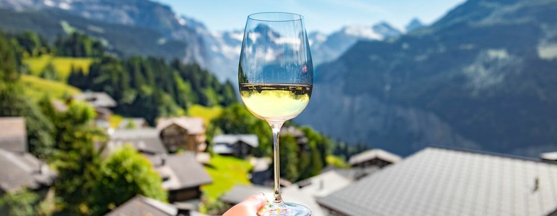 A glass of wine filled with white wine against a scenic backdrop