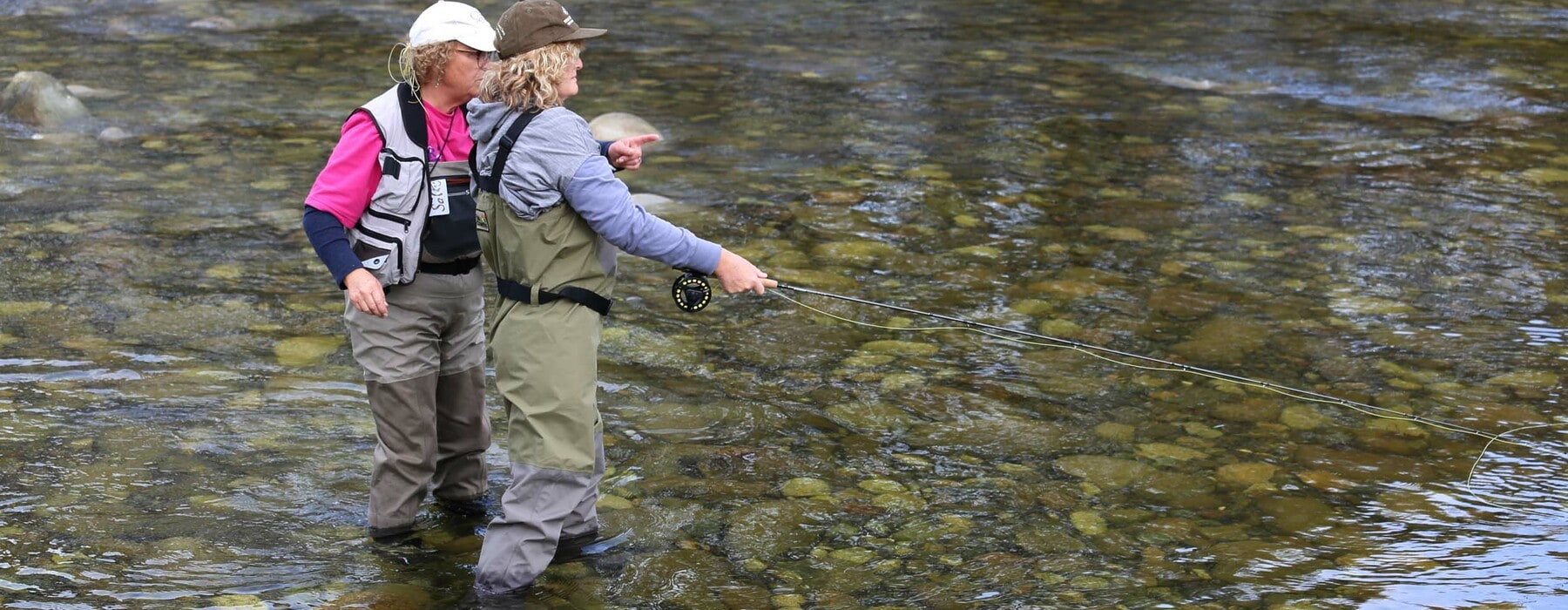 Two people fly fishing in a river