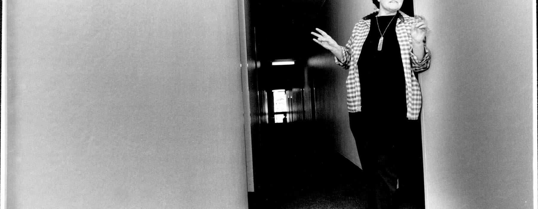 Keri Hulme in black and white.