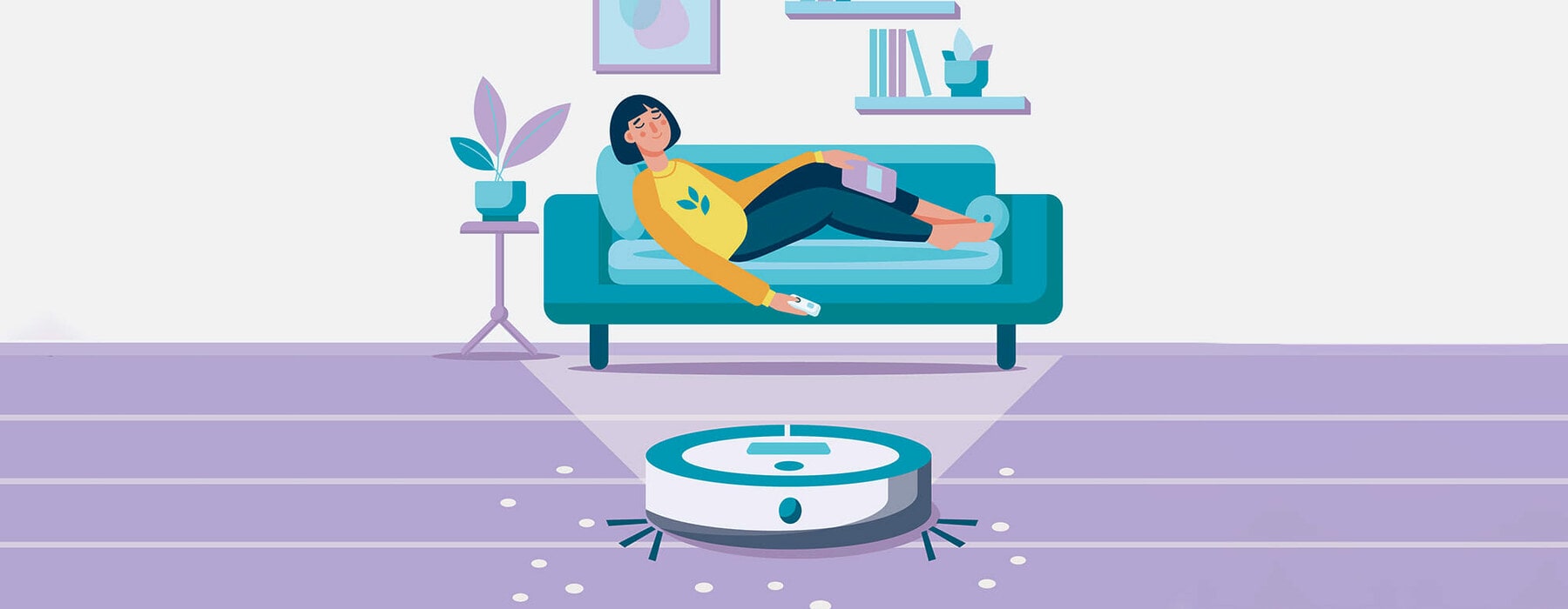 Young woman sleeping, relaxing on sofa and robot vacuum cleaner in the room. Modern wireless equipment for cleaning the apartment. Housework and technology concept.