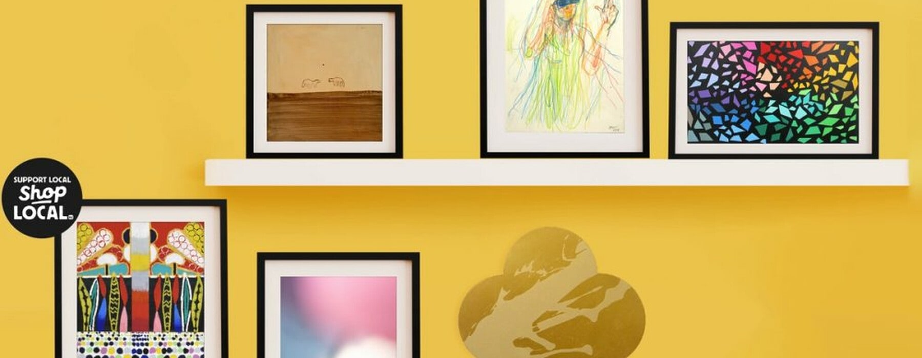 Collection of art from New Zealand local artists on a yellow background