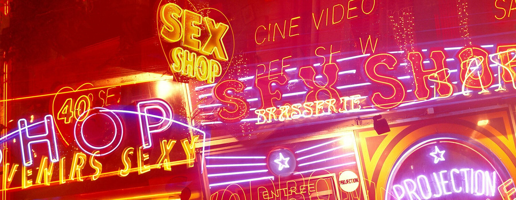 Neon lights at the red light district of Paris, France.