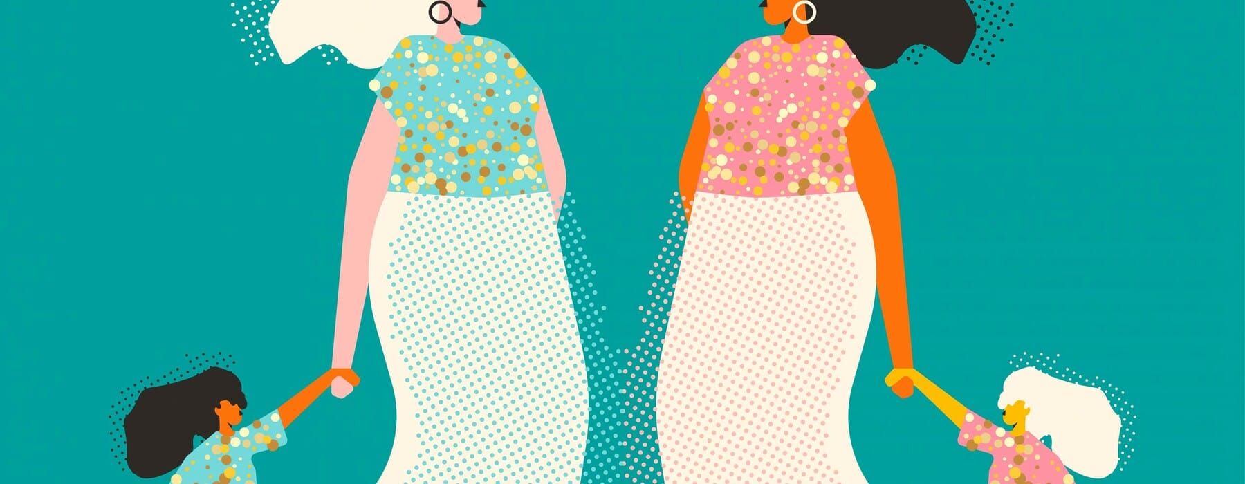 Illustration of two women holding hands with two children on a blue background